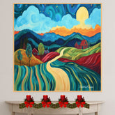 Colorful Rolling Hills and Red Cottages Under a Swirling Sky at Sunset – Van Gogh Style Folk Art Painting on Ready to Hang 1.5" Thick Canvas Wrap, Floating Framed Canvas, Flat Rolled Canvas